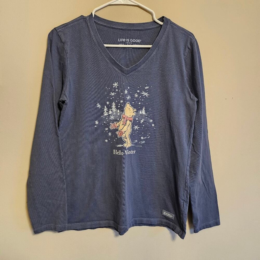 Life Is Good Hello Winter Winnie the Pooh Blue Long Sleeve V Neck Medium Womens